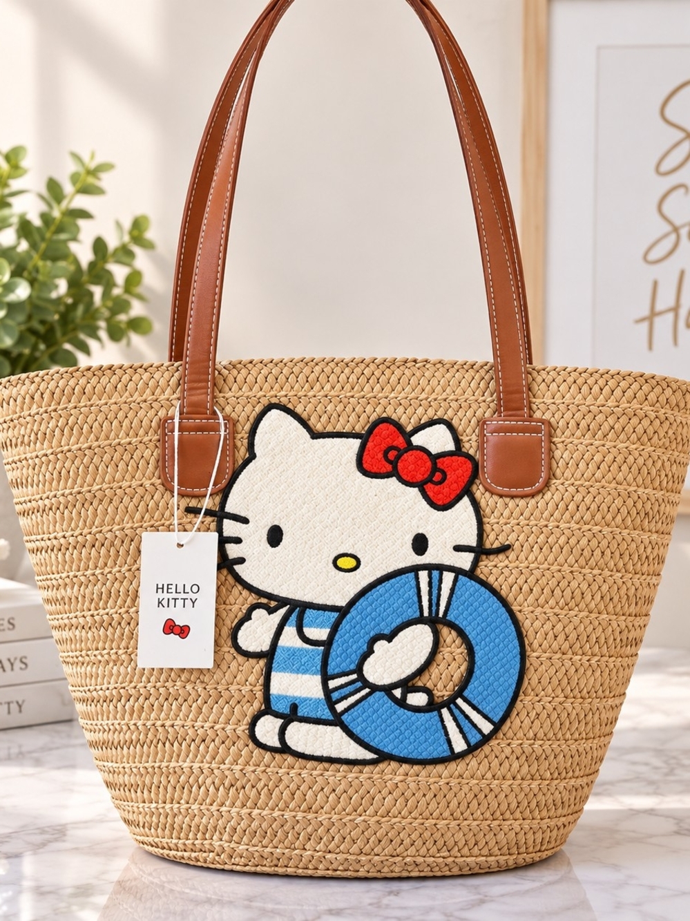 Hello Kitty Straw Tote with Blue Lifesaver and Red Bow